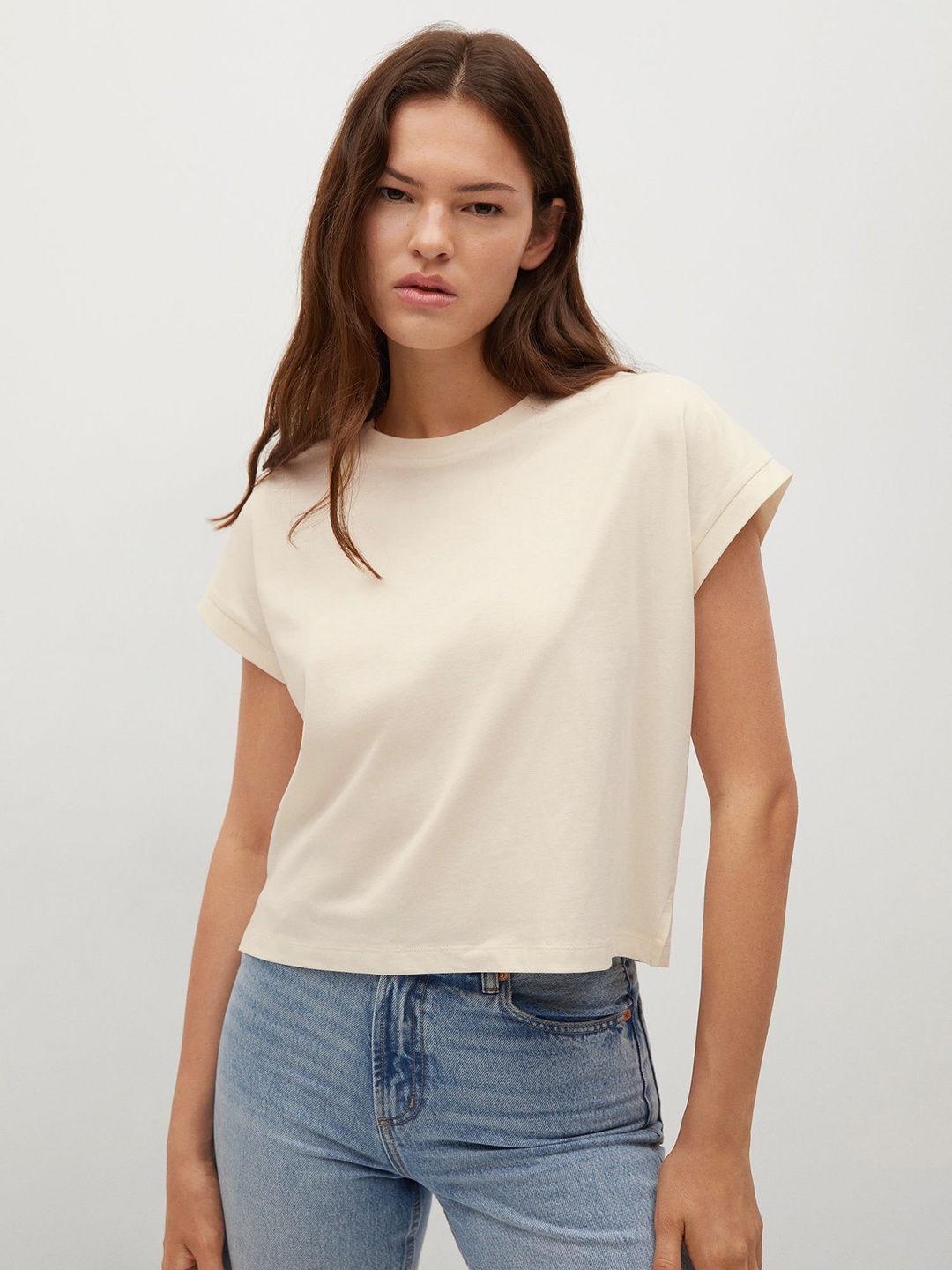 

MANGO Women Beige Pure Cotton Solid Drop-Shoulder Sleeves T-shirt