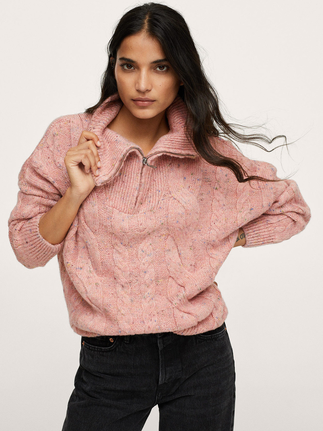 

MANGO Women Pink Cable Knit Pullover