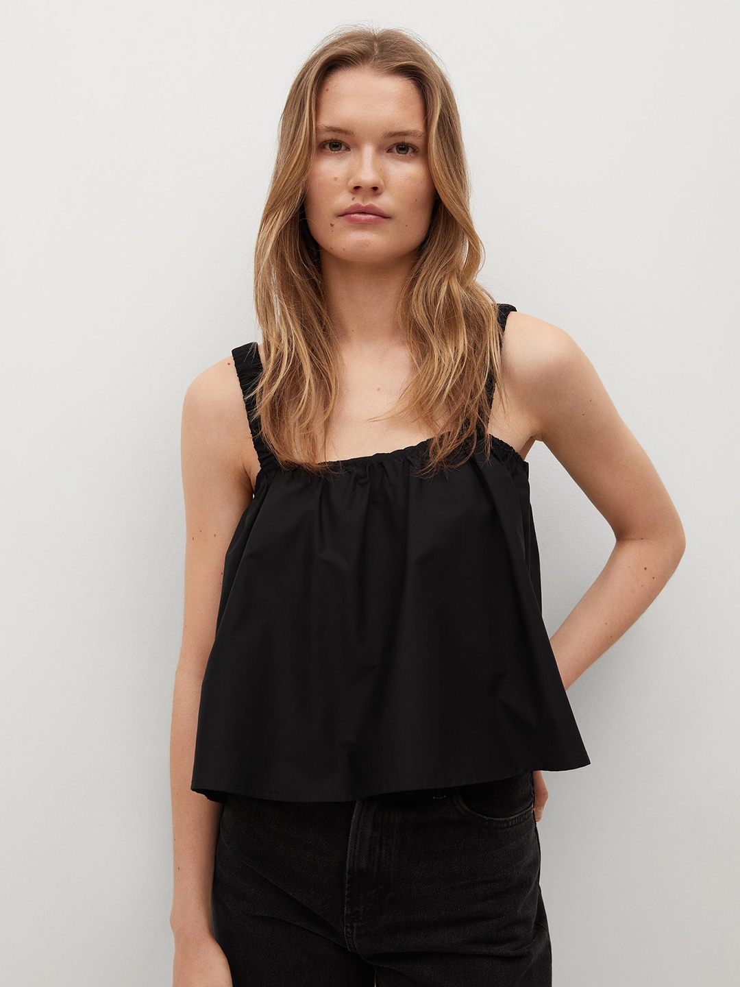 

MANGO Black Pure Cotton Solid Regular Top