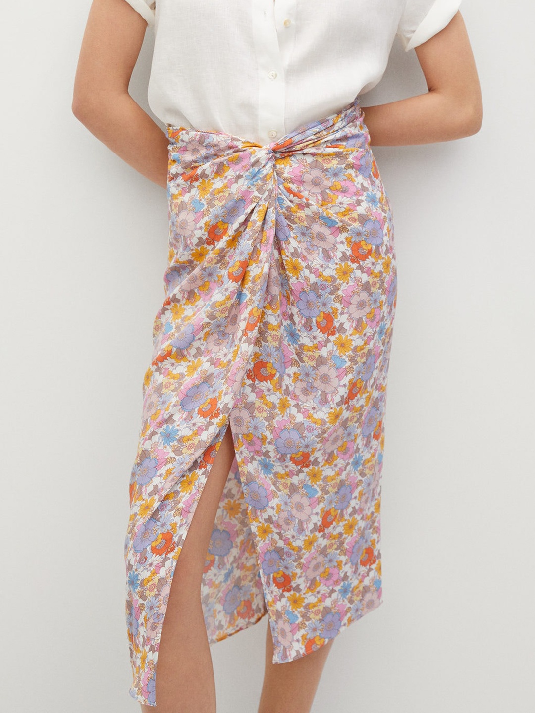 

MANGO White & Blue Floral Printed Midi Twisted Detail Straight Skirt