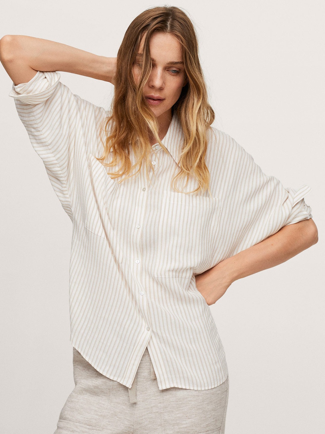 

MANGO Women Off White & Beige Striped Batwing Sleeves Casual Shirt