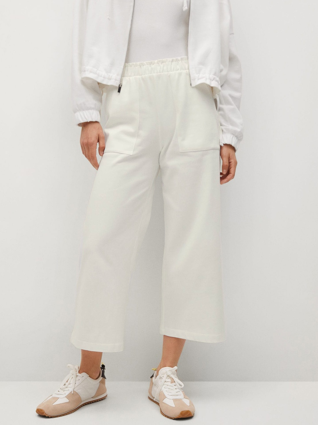 

MANGO Women White Cotton Pleated Cropped Trousers