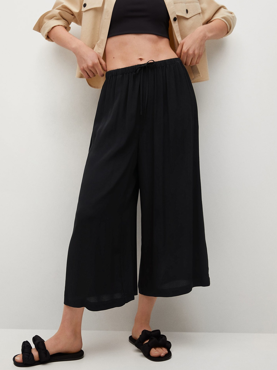 

MANGO Women Black High-Rise Pleated Parallel Trousers