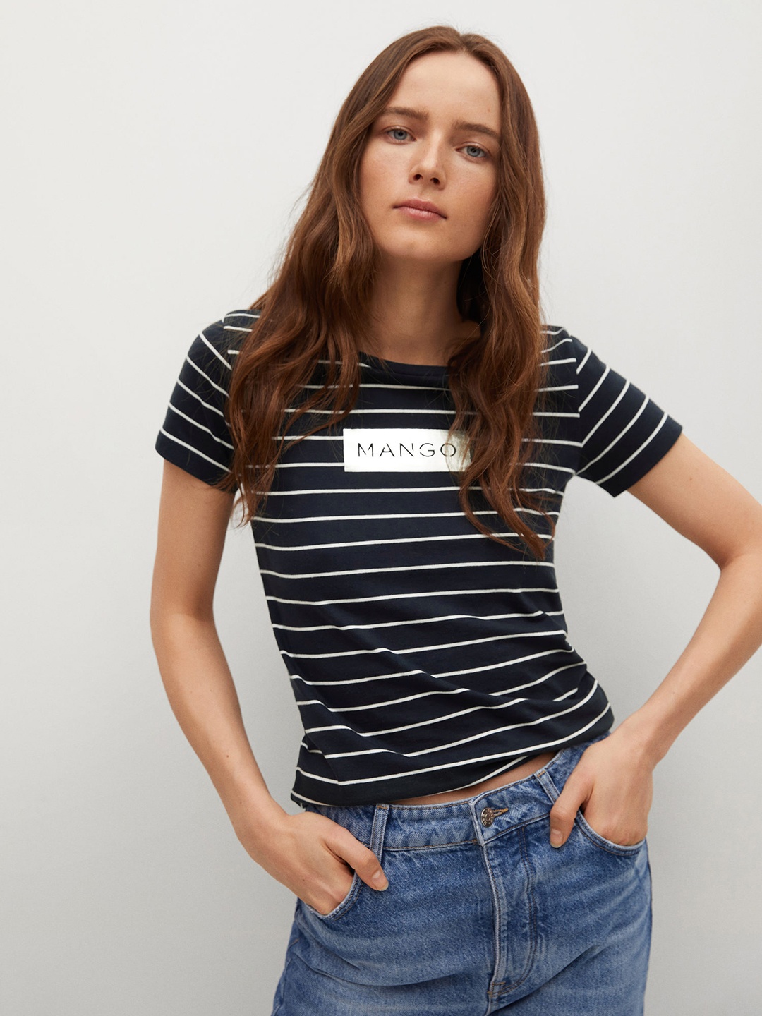 

MANGO Women Navy Blue & White Pure Cotton Brand Logo Print Detail Striped T-shirt