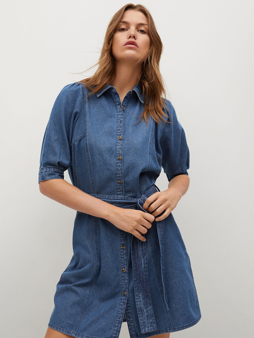 

MANGO Blue Solid Pure Cotton Denim Shirt Mini Dress with Belt