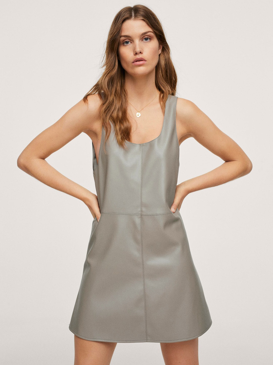 

MANGO Green Faux-Leather Solid A-Line Dress, Fluorescent green