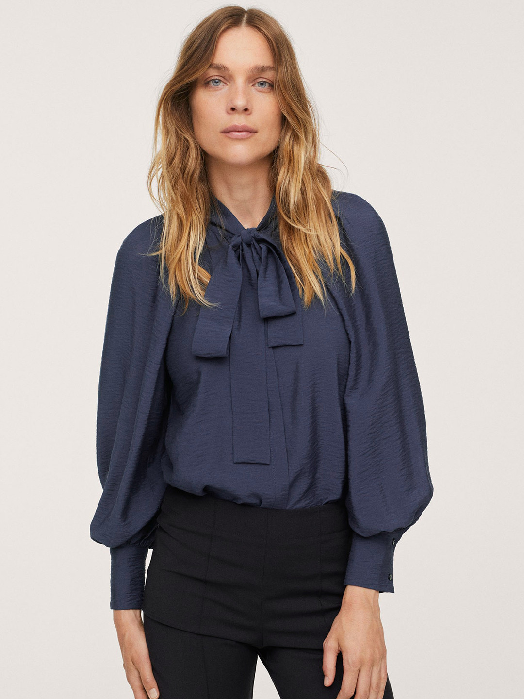 

MANGO Navy Blue Tie-Up Neck Regular Top
