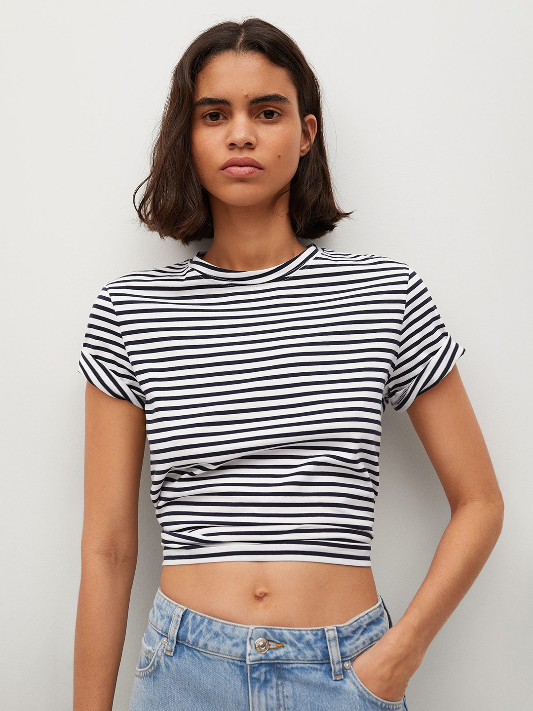 

MANGO Women Black White Striped Pure Cotton T-shirt