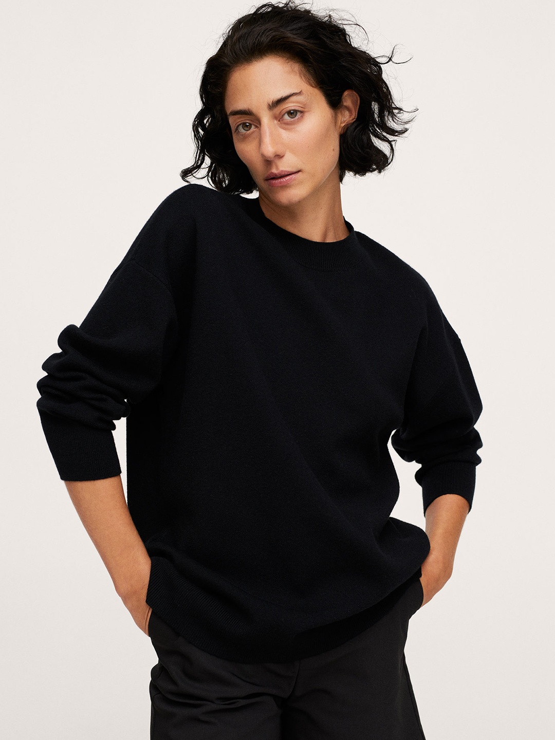 

MANGO Women Black Solid Drop-Shoulder Pullover