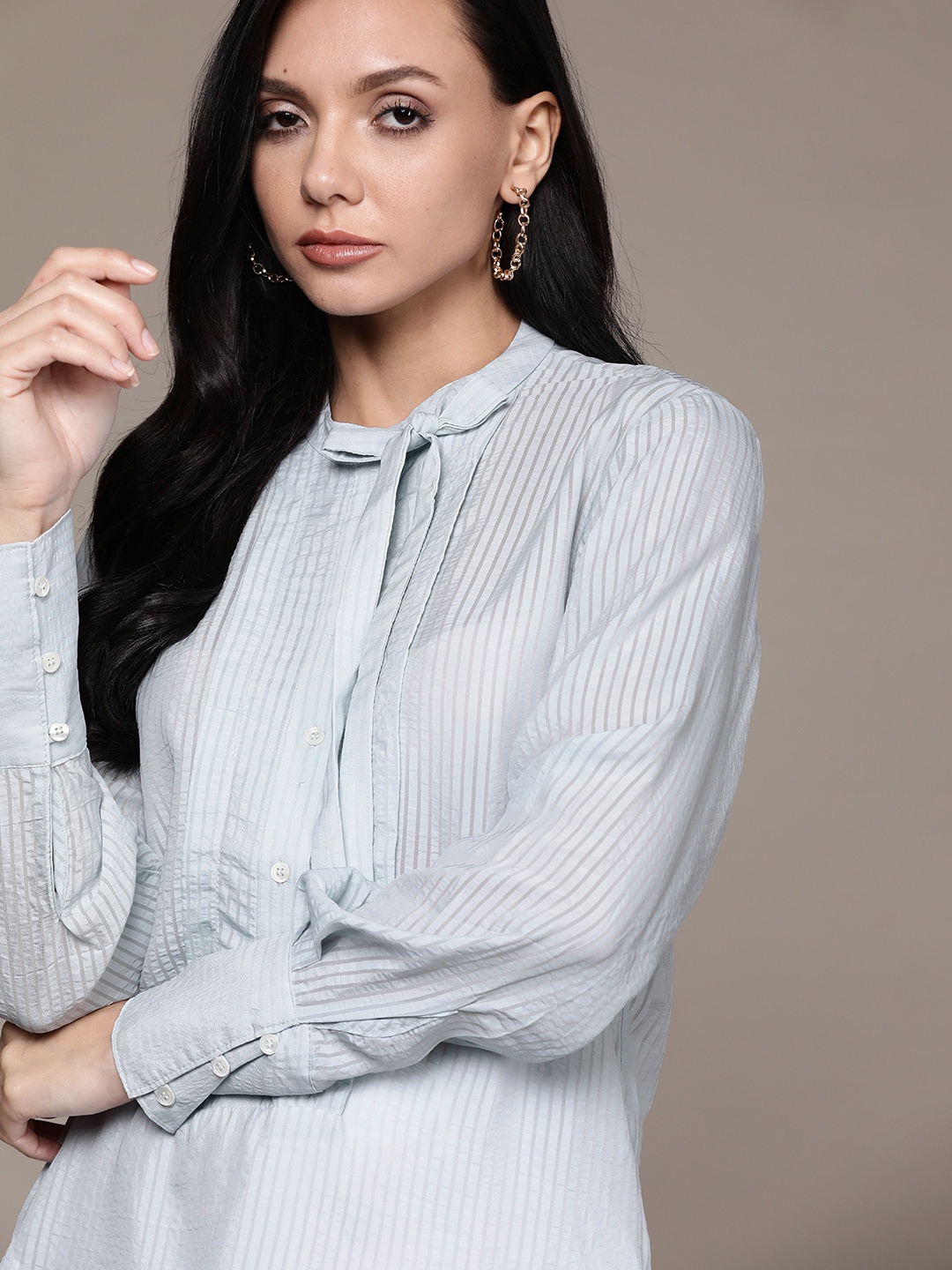 

MANGO Blue Self Striped Tie-Up Neck Regular Top