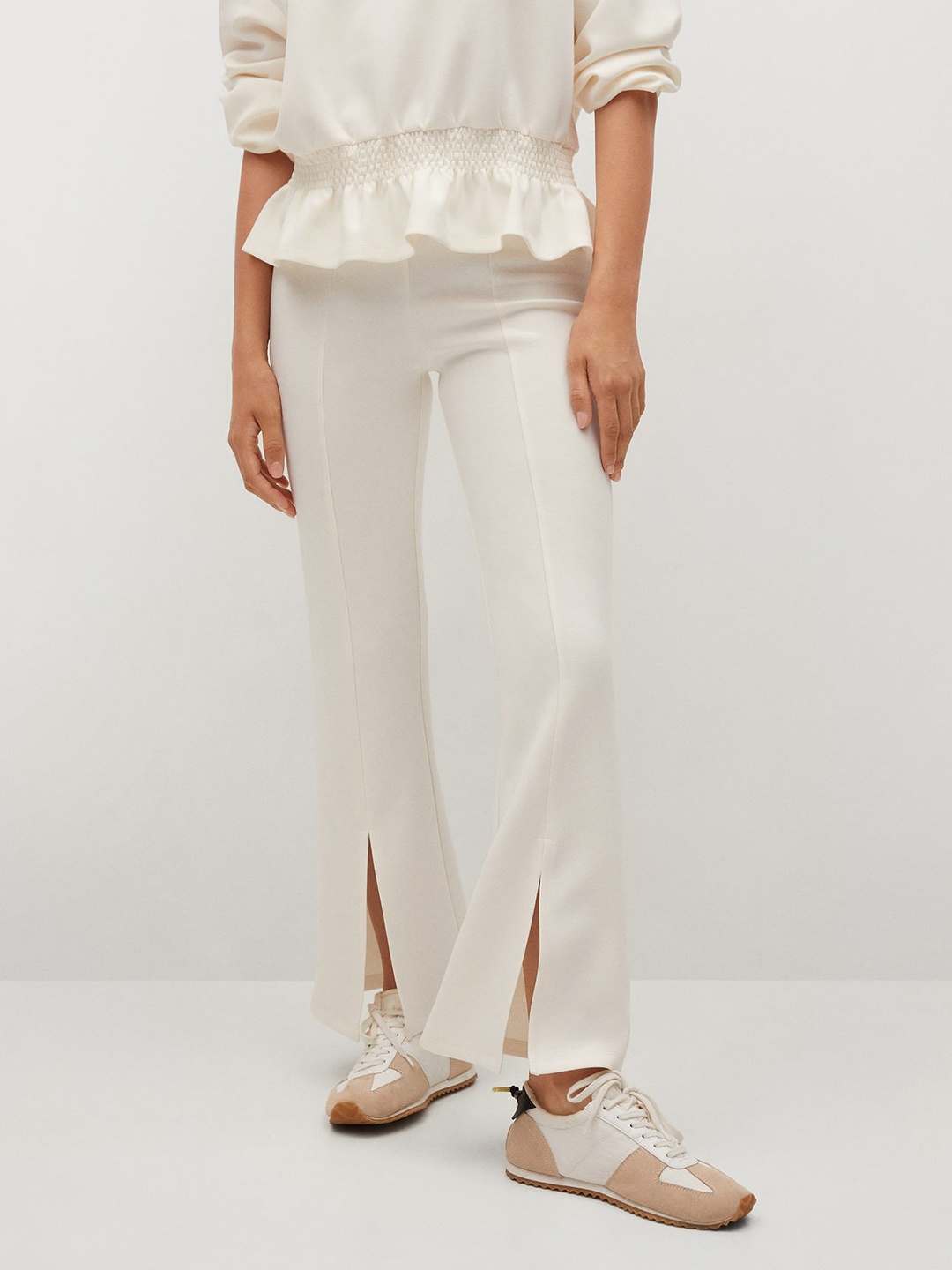 

MANGO Women White Flowy Parallel Trousers with Slit Detail