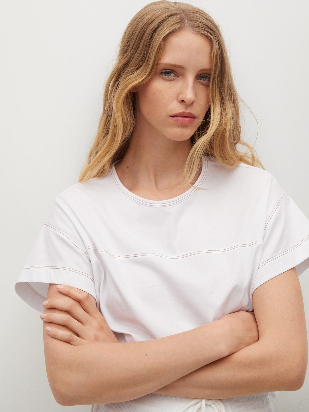 

MANGO Women White Cotton Extended Sleeves T-shirt