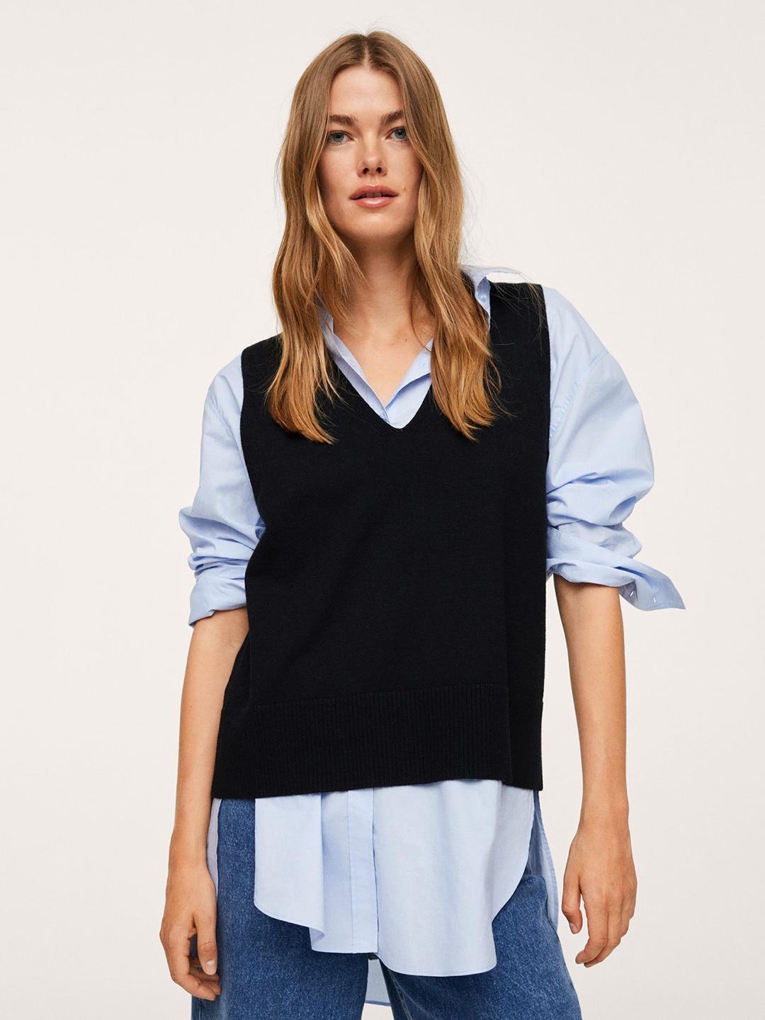 

MANGO Women Black Solid Sweater Vest