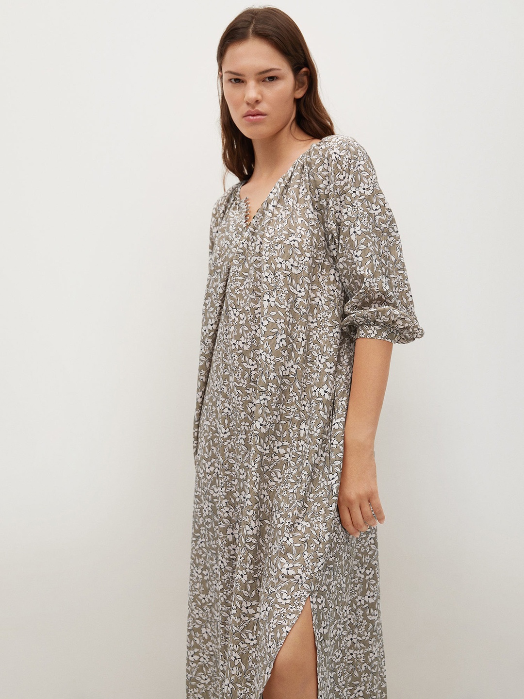 

MANGO Olive Green & Off White Floral Print A-Line Midi Dress