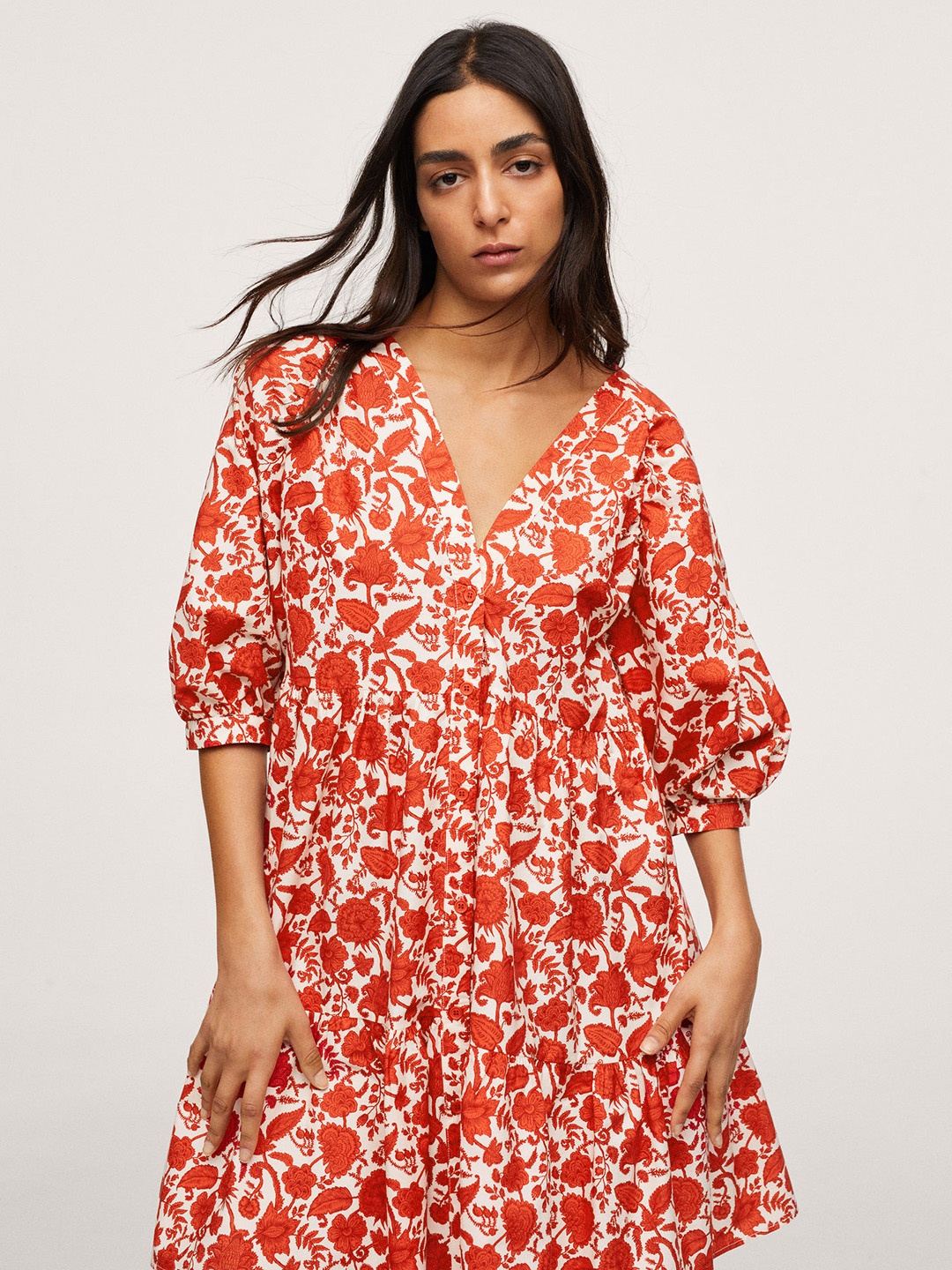 

MANGO Women Red & White Floral Print Pure Cotton A-Line Dress
