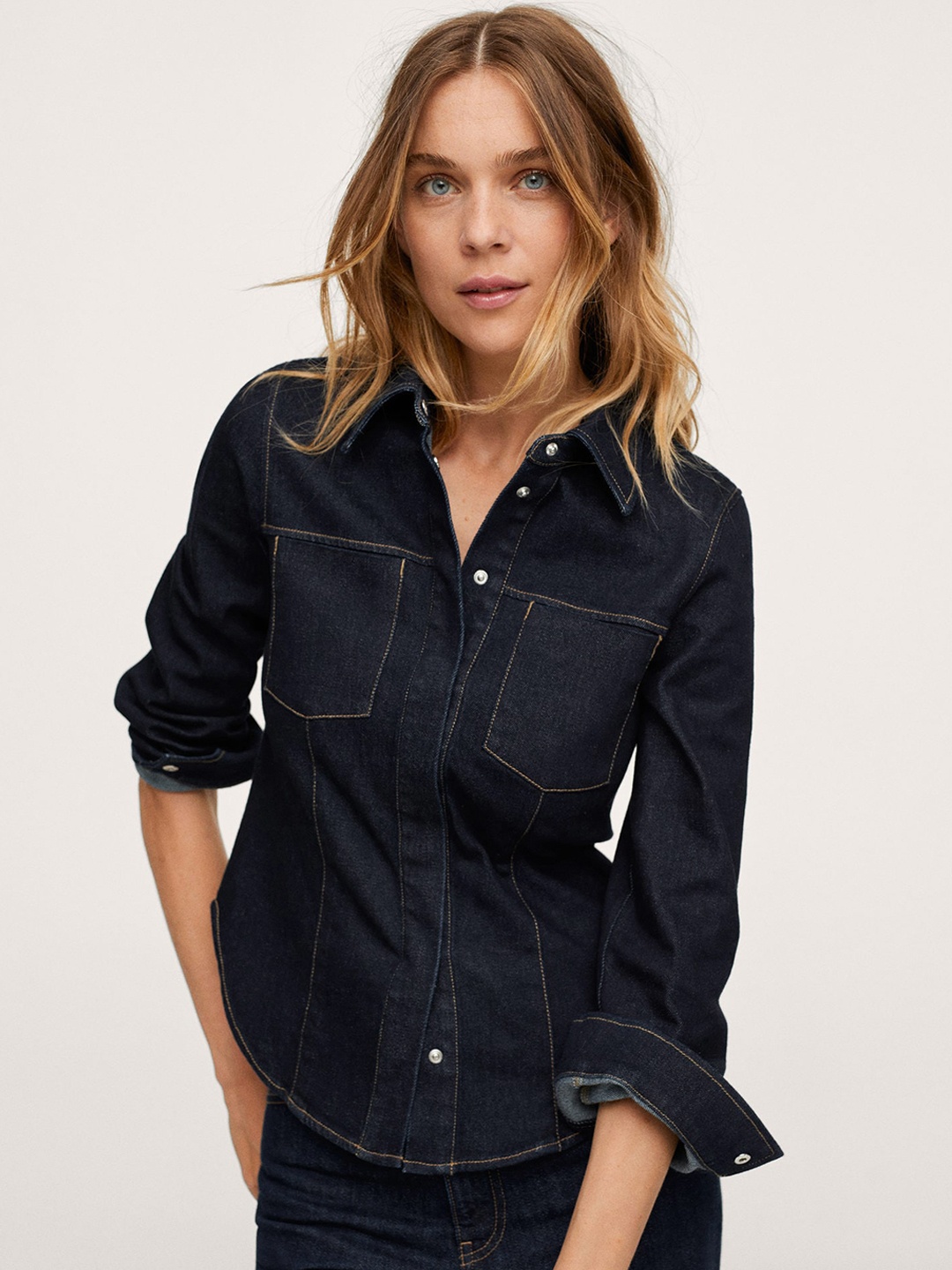 

MANGO Women Navy Blue Solid Denim Casual Shirt