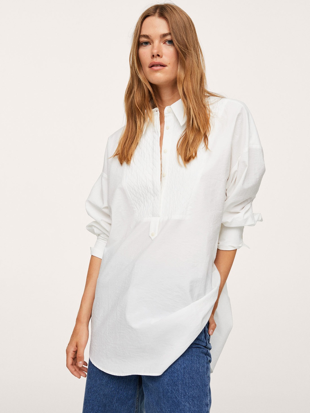 

MANGO White Solid Shirt Style Longline Top