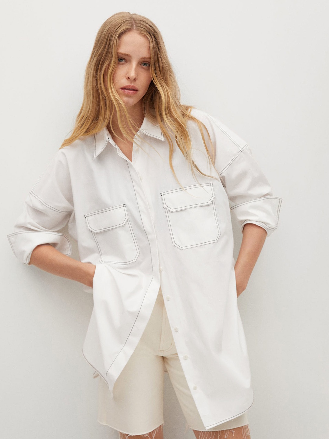 

MANGO Women White Pure Cotton Solid Longline Casual Shirt