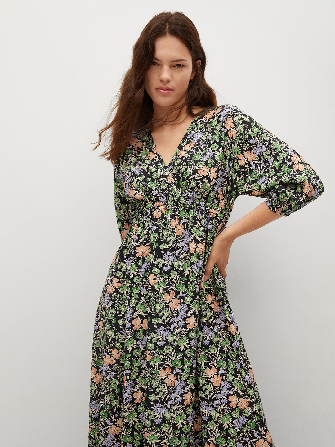 

MANGO Black & Green Floral Print Fit & Flare Midi Dress