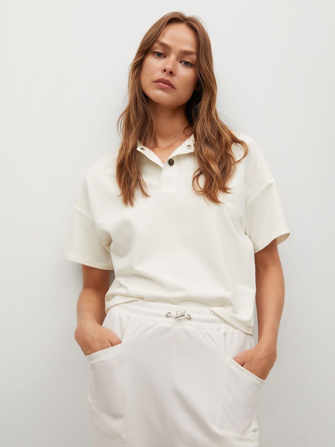 

MANGO Women Off White Polo Collar Drop-Shoulder Sleeves T-shirt