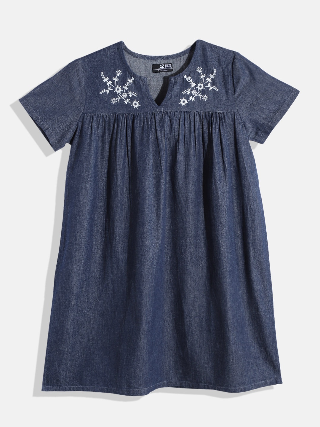 

HERE&NOW Girls Floral Embroidered Pure Cotton Empire Dress, Blue