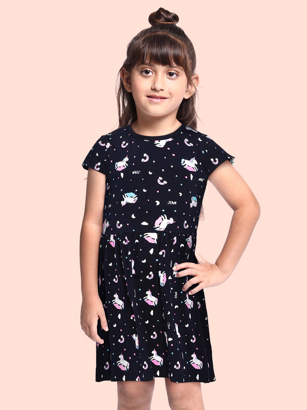 

HERE&NOW Girls Navy Blue Printed Pure Cotton Fit & Flare Dresses