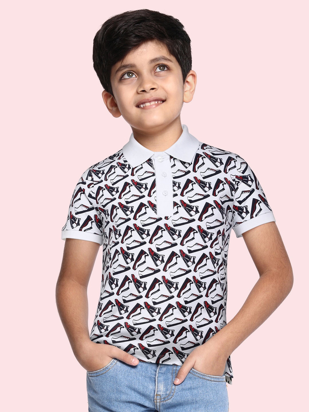 

HERE&NOW Boys White & Black Conversational Printed Polo Collar Pure Cotton T-shirt