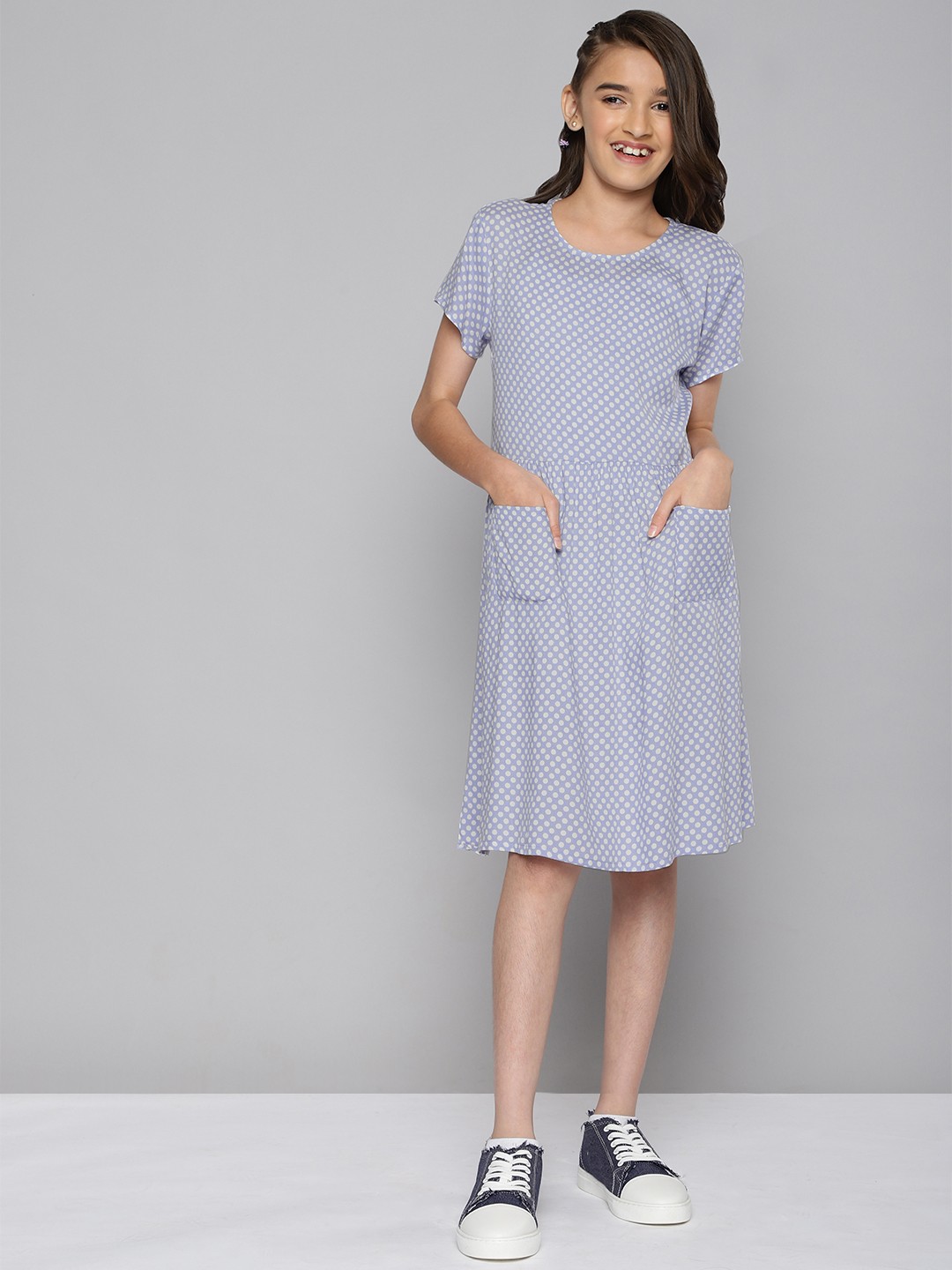 

HERE&NOW Girls Lavender & White Polka Dots Printed Fit and Flared Dress