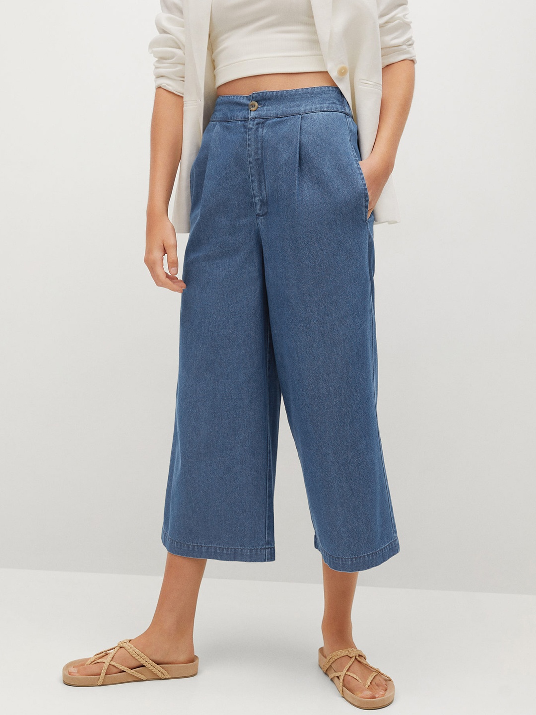 

MANGO Women Blue Solid Pure Cotton Regular Trousers