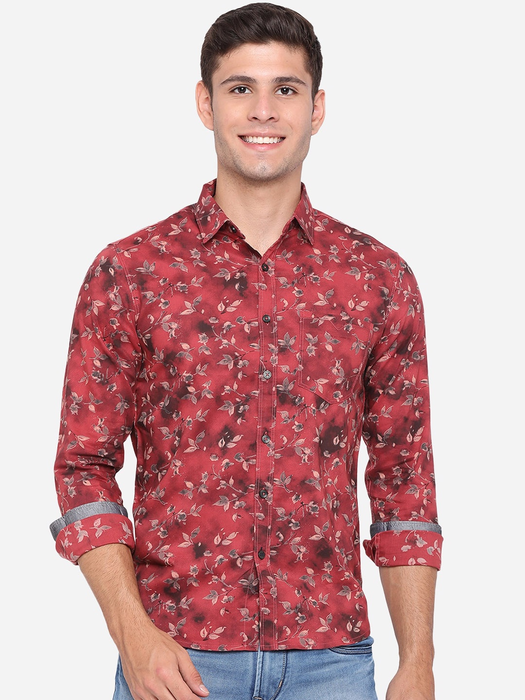 

Greenfibre Men Red & Grey Slim Fit Floral Opaque Printed Pure Cotton Casual Shirt