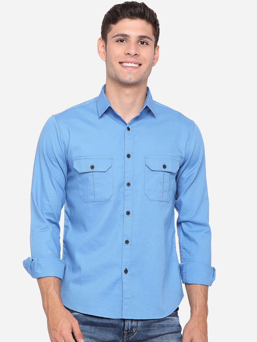 

Greenfibre Men Blue Slim Fit Opaque Pure Cotton Casual Shirt