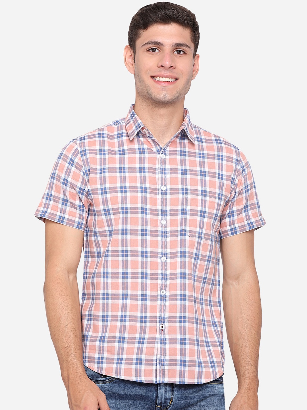 

Greenfibre Men Peach-Coloured Slim Fit Opaque Checked Casual Shirt