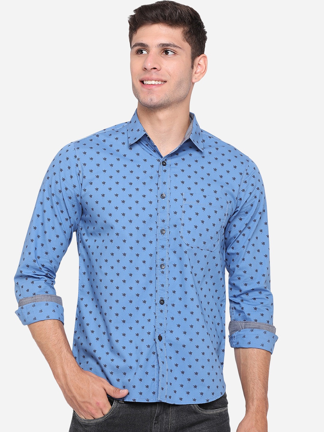

Greenfibre Men Blue Pure Cotton Slim Fit Ditsy Printed Casual Shirt