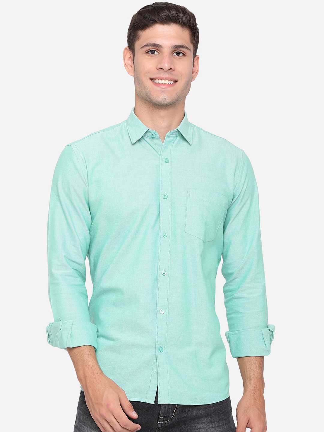 

Greenfibre Men Turquoise Blue Slim Fit Opaque Pure Cotton Casual Shirt