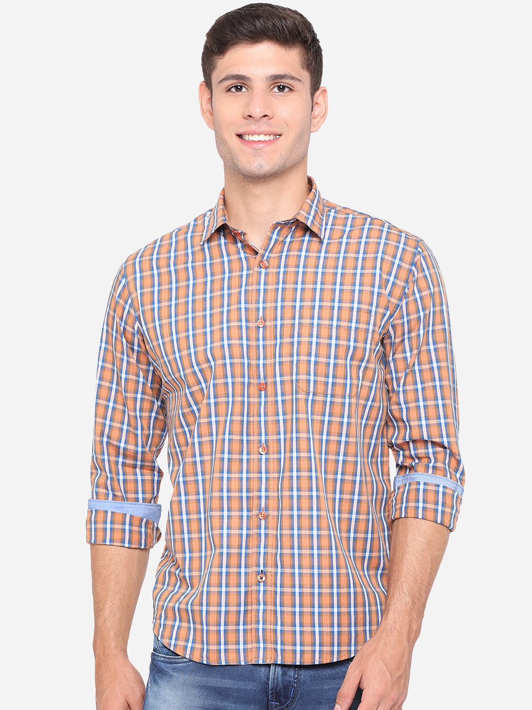 

Greenfibre Men Orange Slim Fit Opaque Checked Casual Shirt