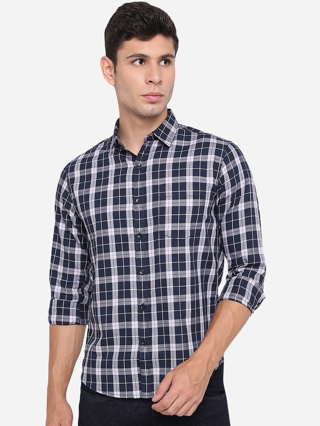 

Greenfibre Men Navy Blue Slim Fit Tartan Checked Casual Shirt