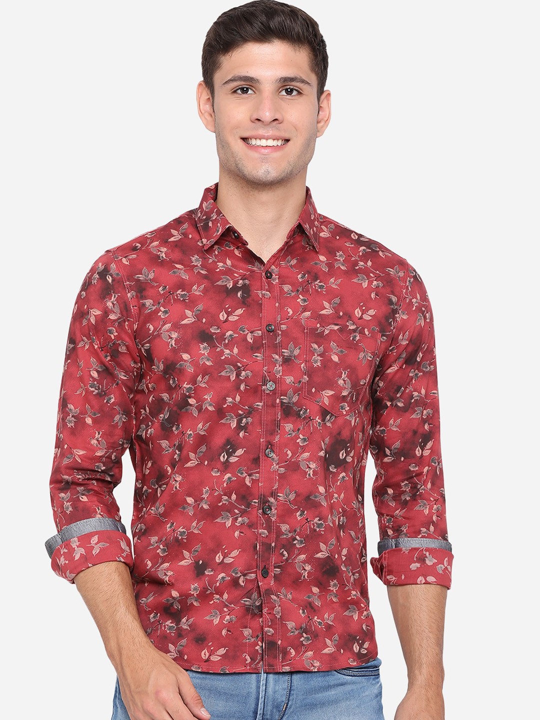 

Greenfibre Slim Fit Floral Printed Cotton Casual Shirt, Red