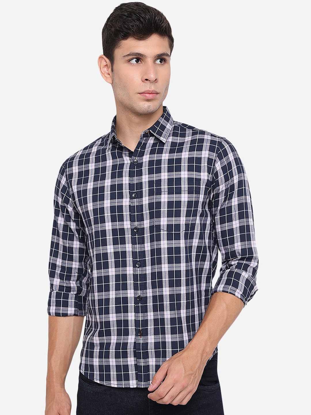 

Greenfibre Men Blue & White Slim Fit Opaque Checked Pure Cotton Casual Shirt