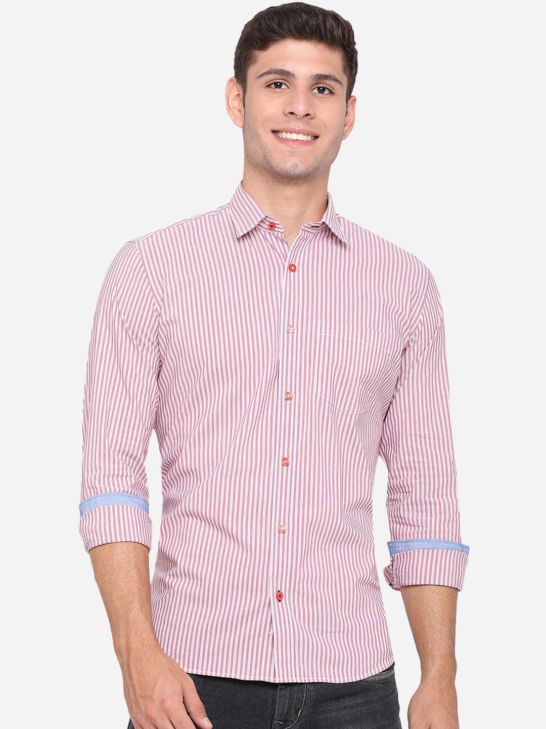 

Greenfibre Men Pink Pure Cotton Slim Fit Opaque Striped Casual Shirt