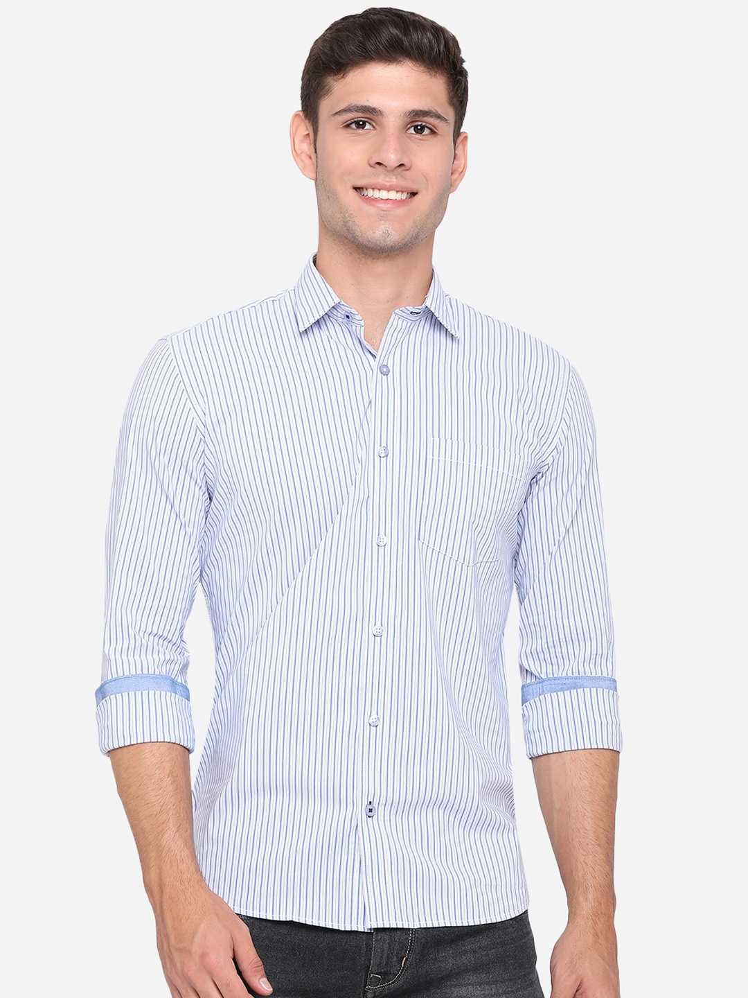 

Greenfibre Men Blue & White Slim Fit Striped Cotton Casual Shirt