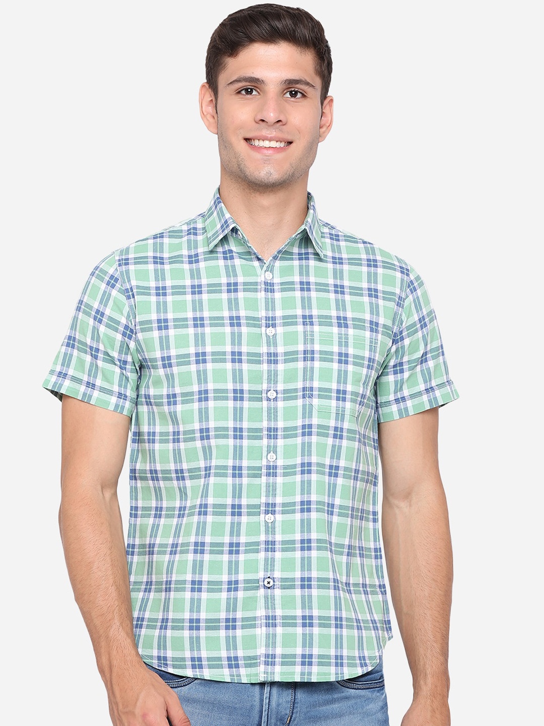 

Greenfibre Men Green Pure Cotton Slim Fit Opaque Checked Casual Shirt