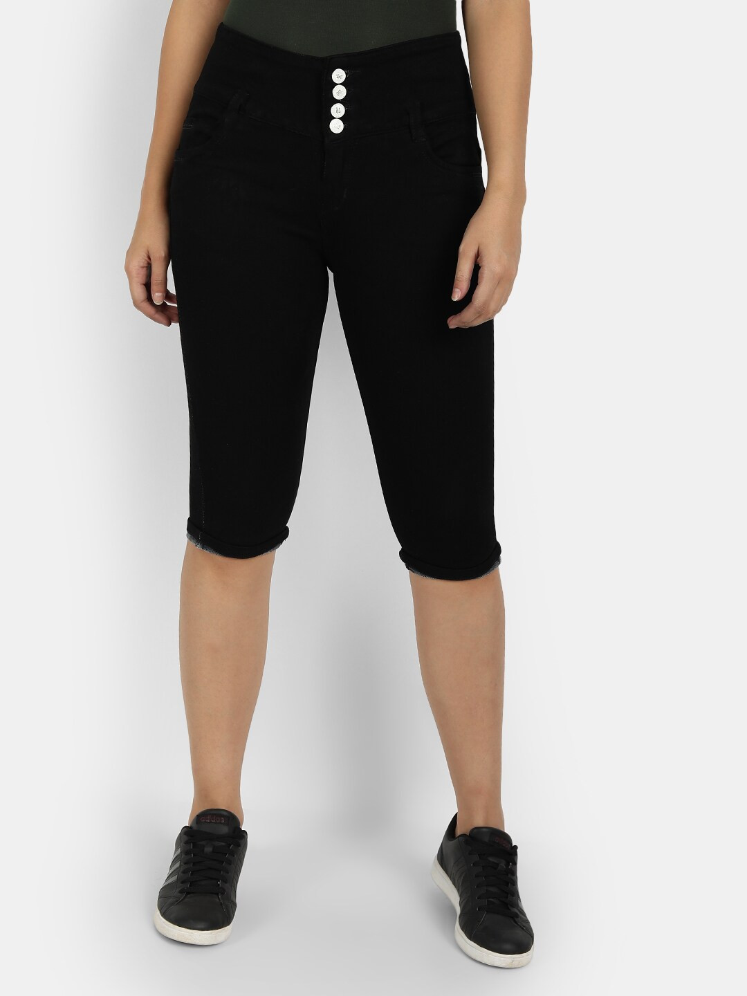 

BROADSTAR Women Black Skinny Fit Solid High-Rise Denim Capri