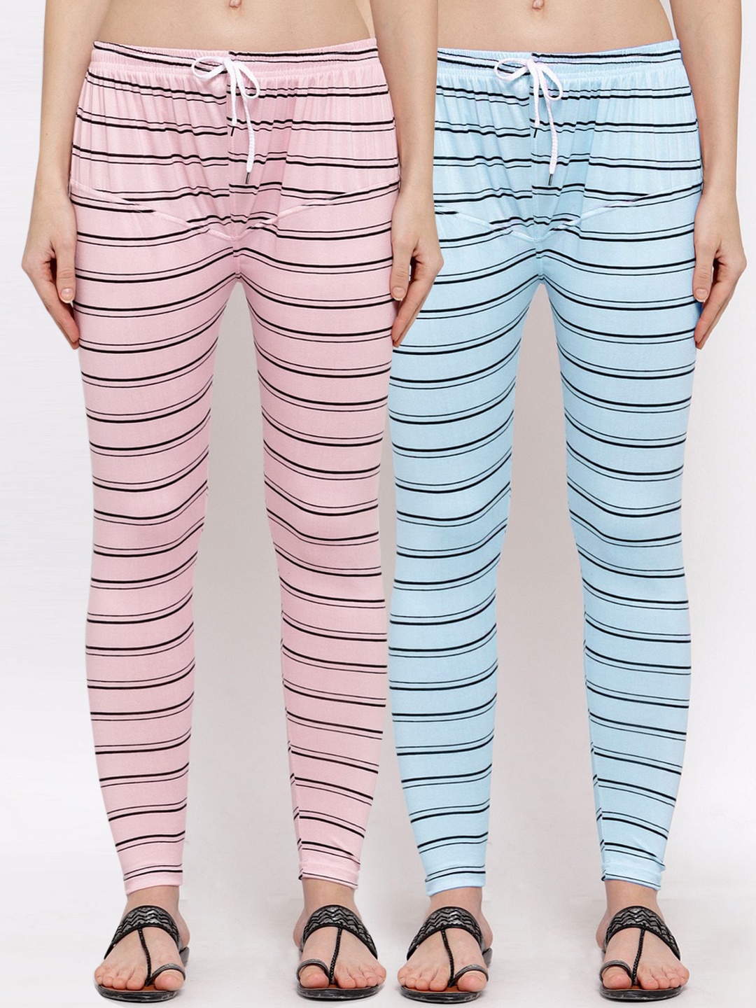 

KLOTTHE Women Pack Of 2 Striped Leggings, Blue