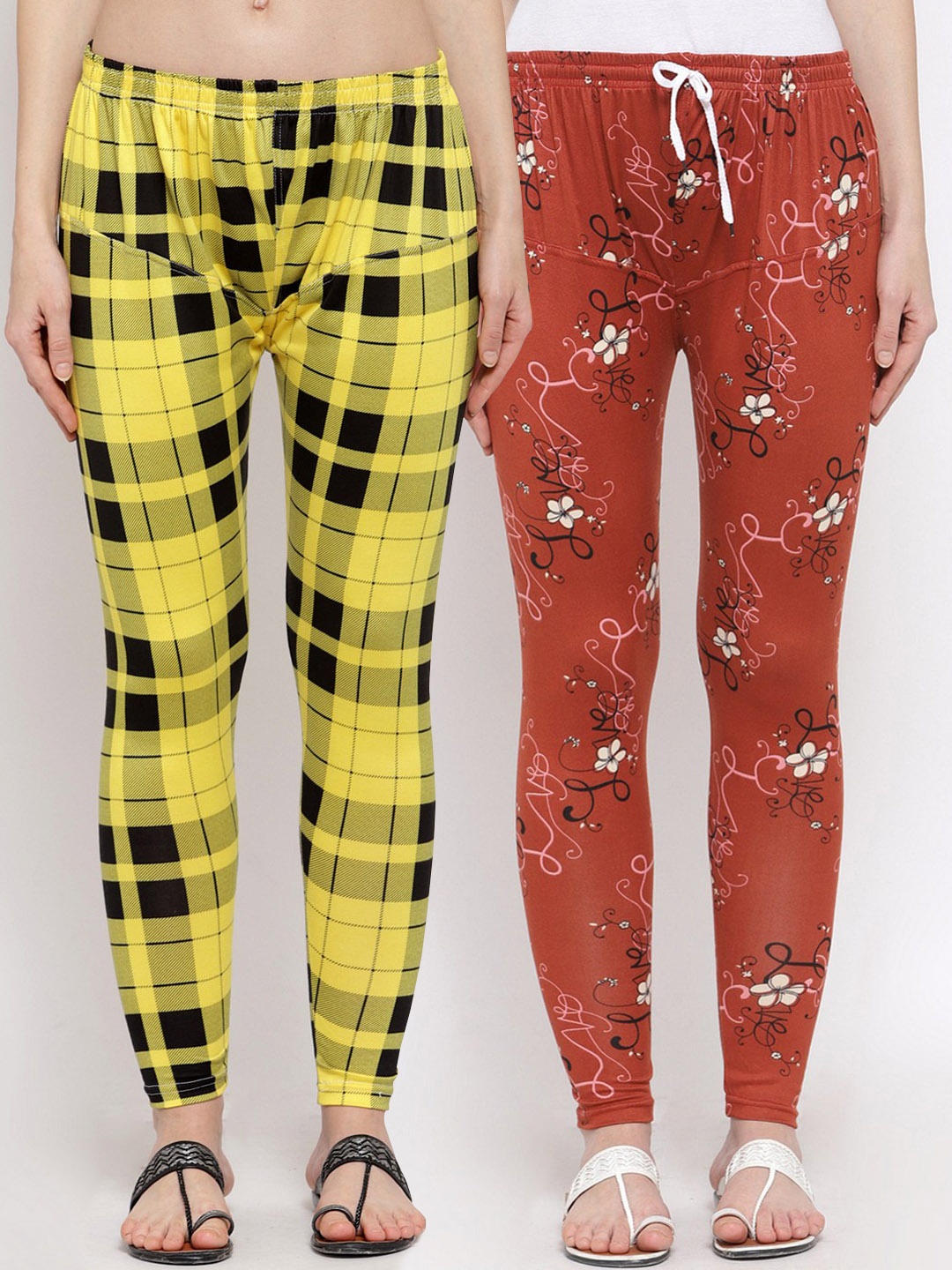 

KLOTTHE Women Pack Of 2 Printed Ankle Length Leggings, Yellow