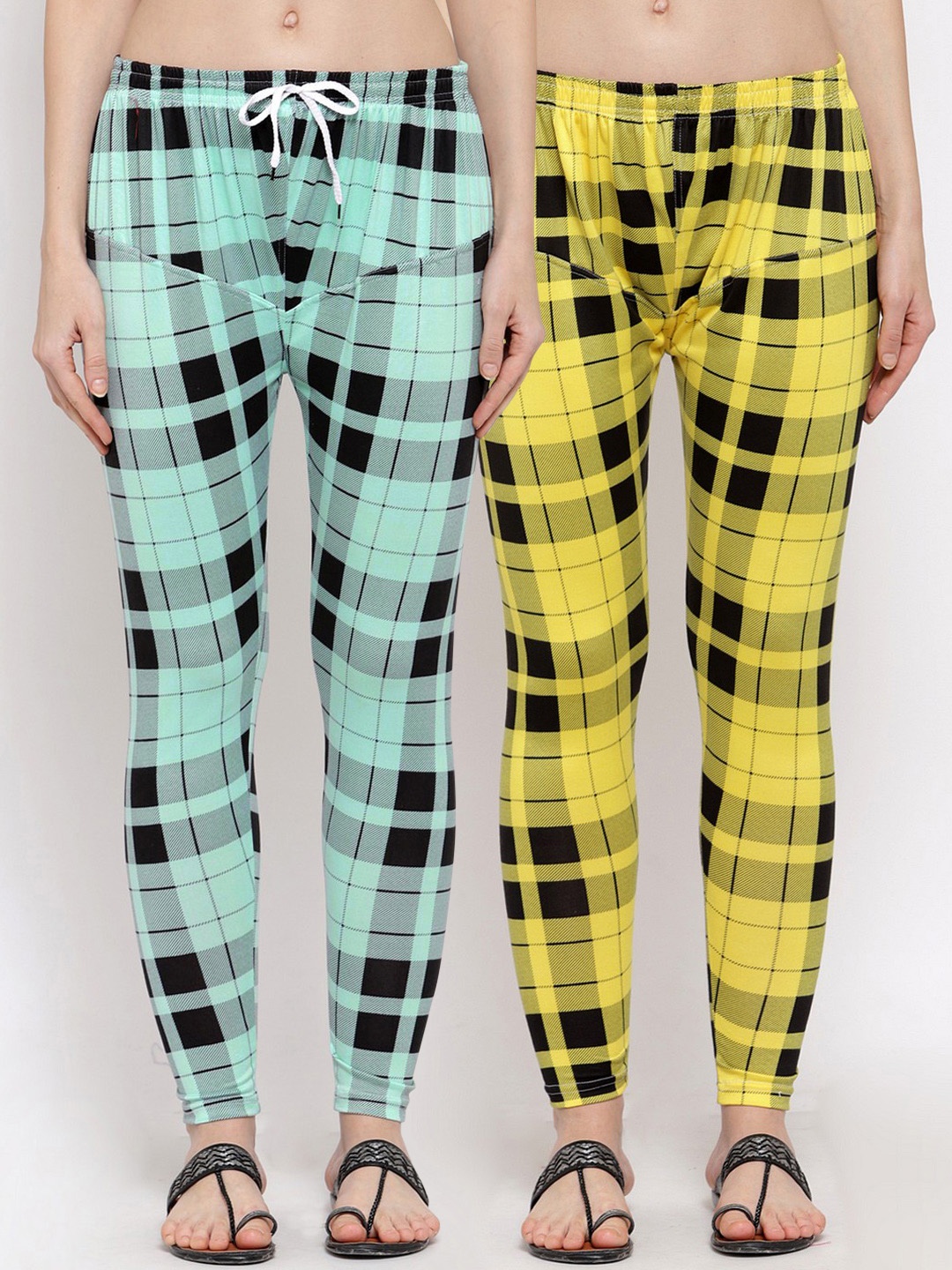 

KLOTTHE Women Pack Of 2 Checked Ankle-Length Leggings, Sea green