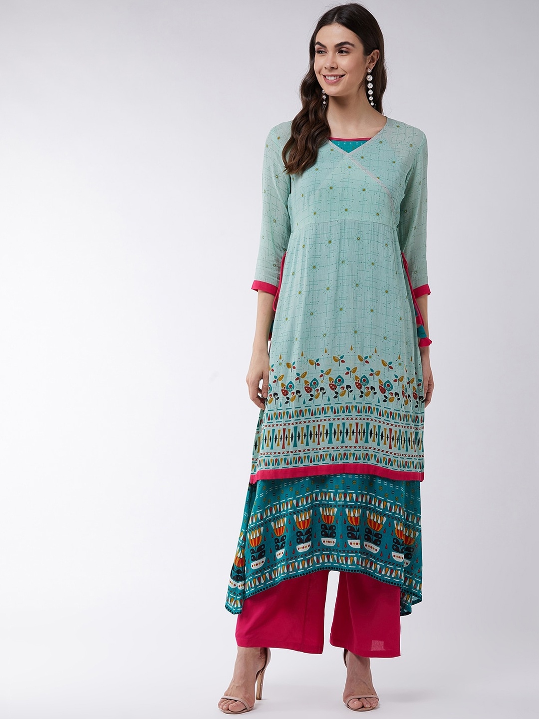 Pannkh Women Green & Blue Geometric Printed Kurta