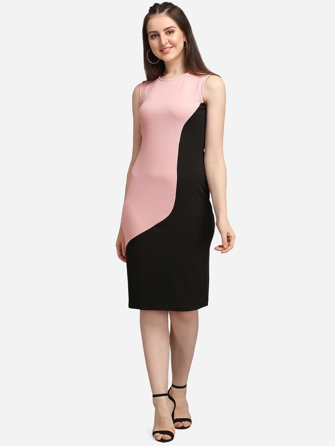 

PURVAJA Women Black & Peach Colourblocked Bodycon Dress