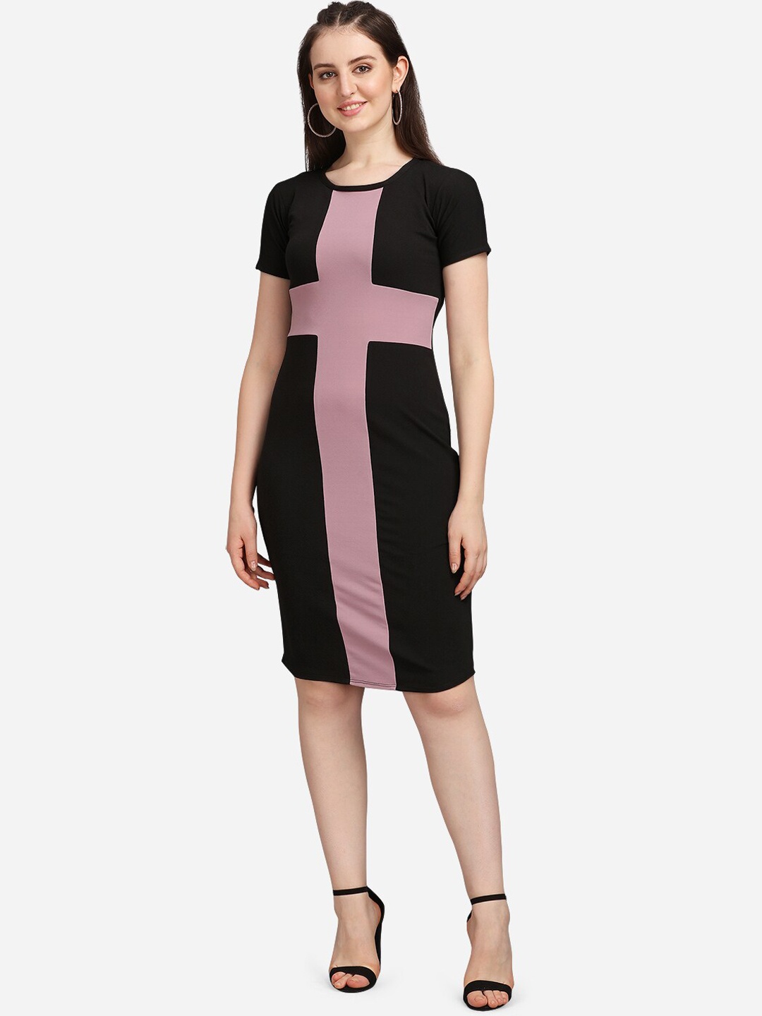

PURVAJA Women Black & Violet Colourblocked Bodycon Dress