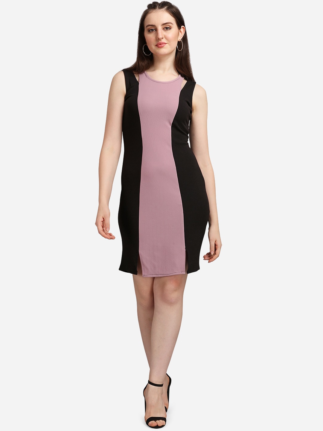 

PURVAJA Mauve & Black Colourblocked Bodycon Dress