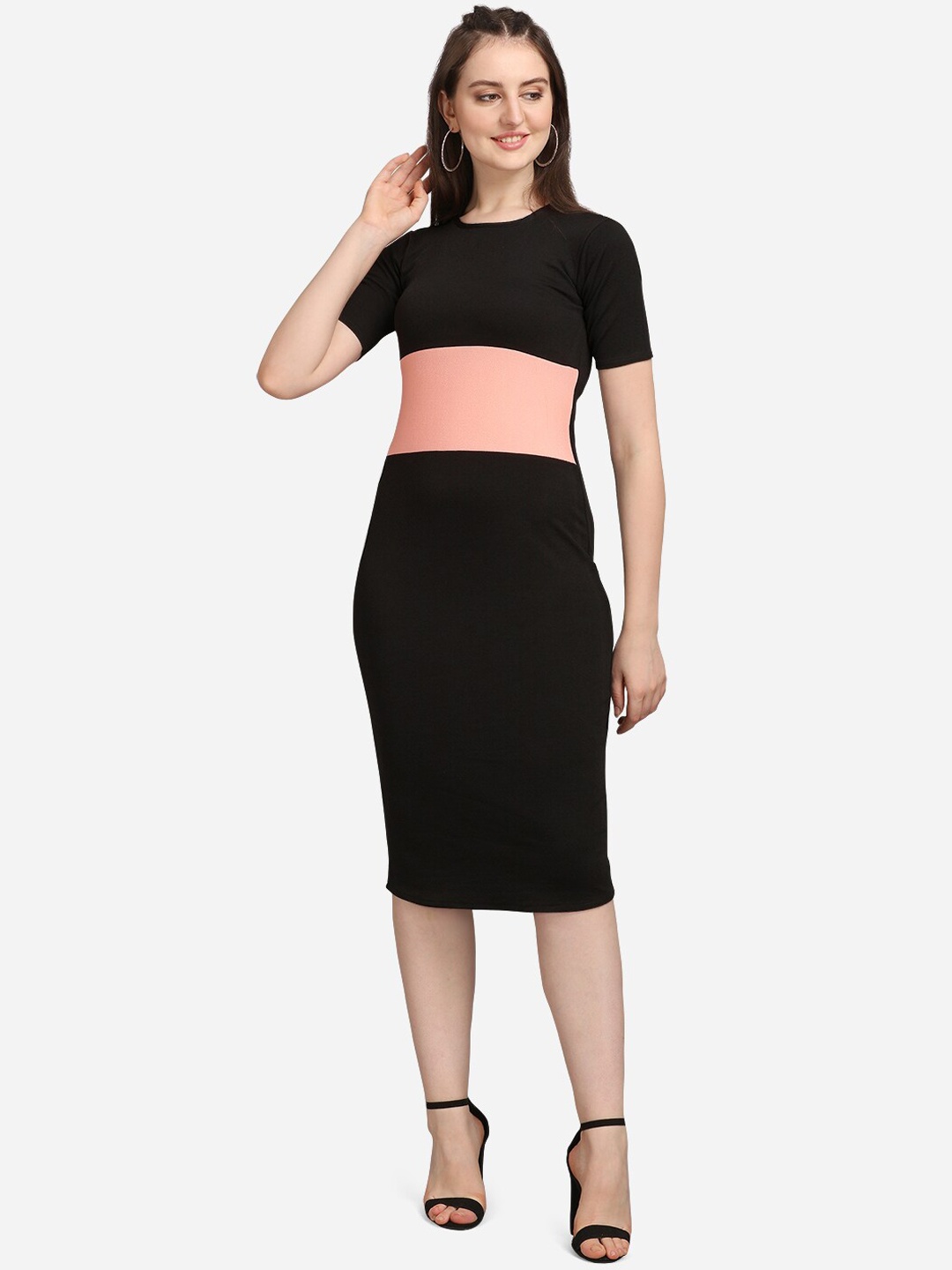 

PURVAJA Black & Peach-Coloured Colourblocked Bodycon Dress